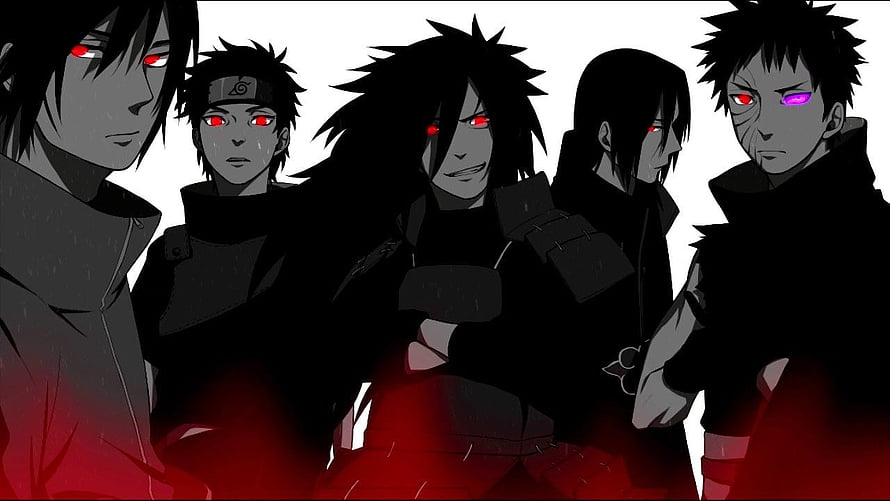 Uchiha Clan Members in Dark Anime Style with Red Sharingan Eyes HD wallpaper