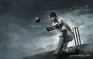 Dramatic Cricket Batsman Playing a Shot Under a Stormy Sky HD wallpaper