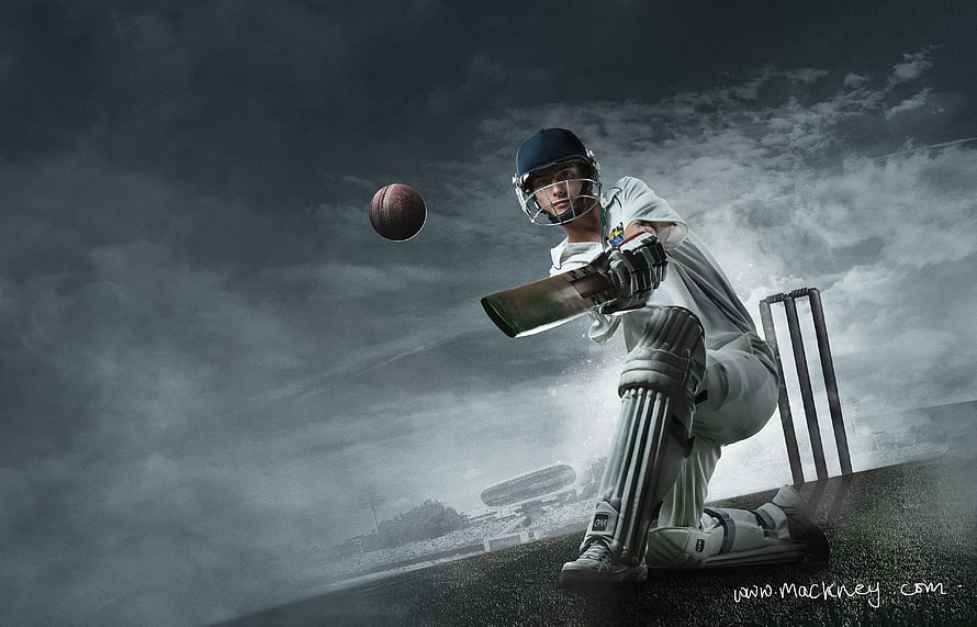 Dramatic Cricket Batsman Playing a Shot Under a Stormy Sky HD wallpaper