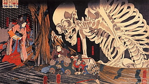 Traditional Japanese Ukiyo-e Print Depicting Samurai and Giant Skeleton HD wallpaper