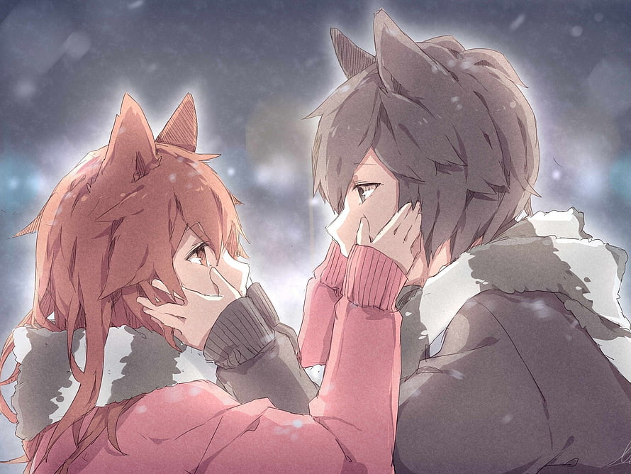 Anime couple with animal ears sharing a tender moment in falling snow HD wallpaper