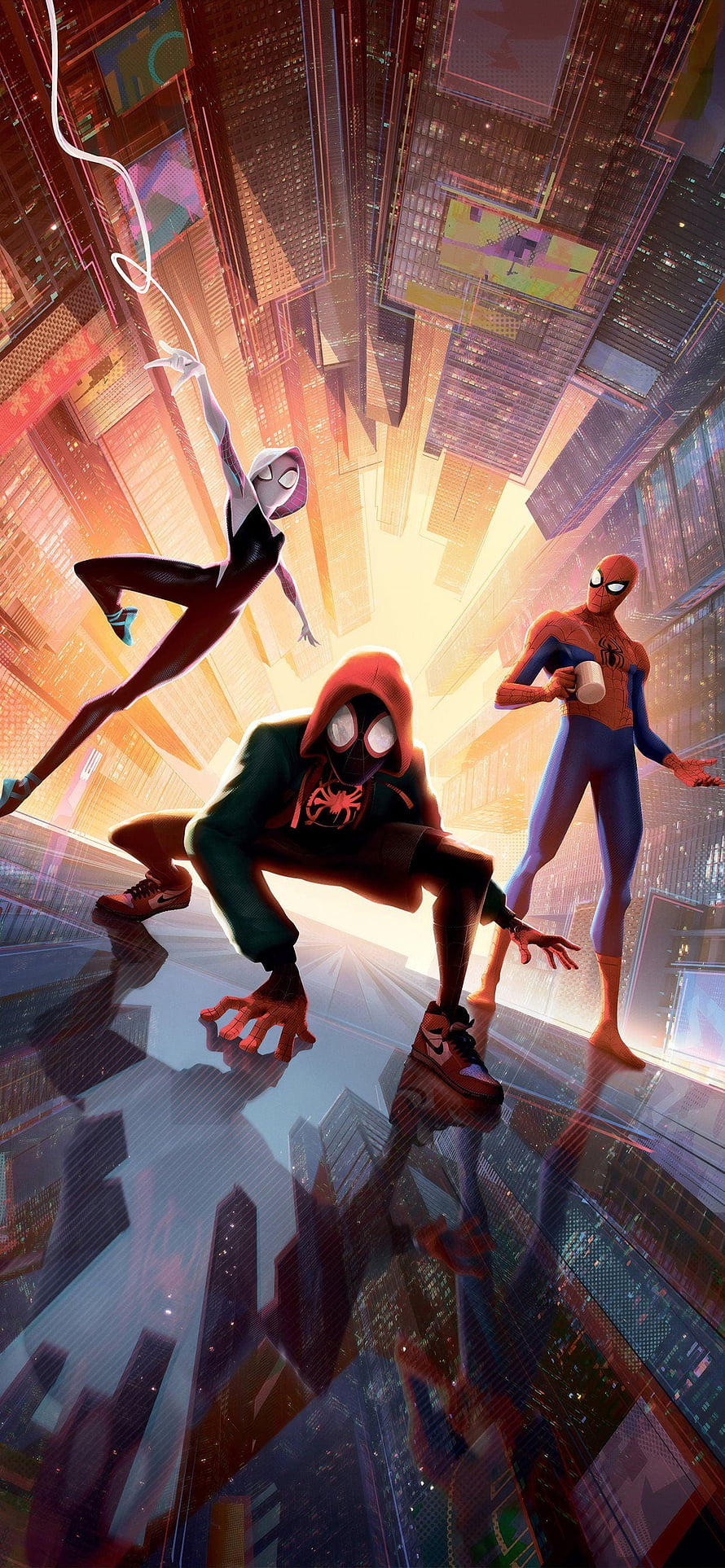 Spider-Man Into The Spider-Verse Trio Posing on Glass Rooftop Above City HD phone wallpaper