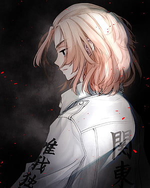 Sano Manjirou Mikey Profile in White Jacket with Kanji Text and Red Sparks HD phone wallpaper