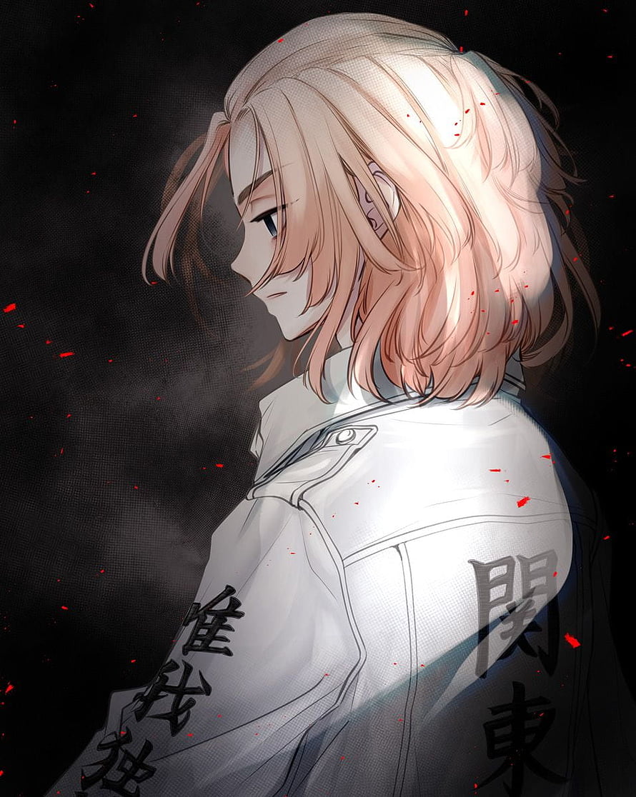 Sano Manjirou Mikey Profile in White Jacket with Kanji Text and Red Sparks HD phone wallpaper
