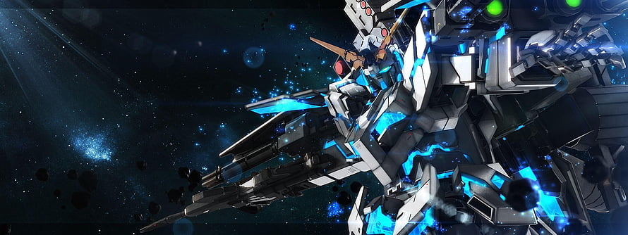 Full Armor Unicorn Gundam in Space with Blue Energy Effects and Cosmic Background HD wallpaper