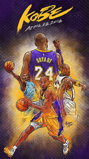Kobe Bryant Tribute Illustration Featuring Multiple Action Poses in Lakers Uniforms HD phone wallpaper