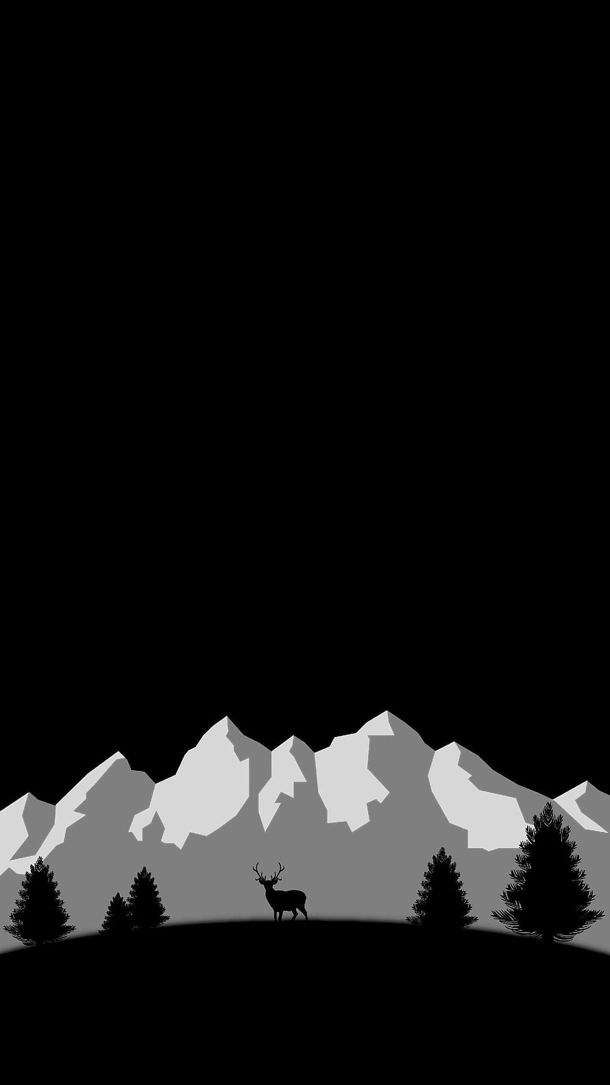 Minimalist Black and White Deer Silhouette Against Snowy Mountain Range HD phone wallpaper