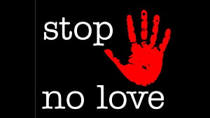 Red Handprint Graphic with Stop No Love Text on Black Background HD wallpaper