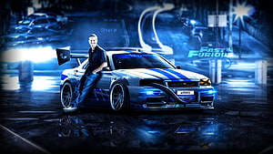 Paul Walker Leaning Against Nissan Skyline R34 in Fast and Furious Night Scene HD wallpaper
