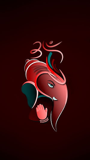 Stylized Ganesha Profile Illustration in Red and Teal with Om Symbol on Dark Background HD phone wallpaper