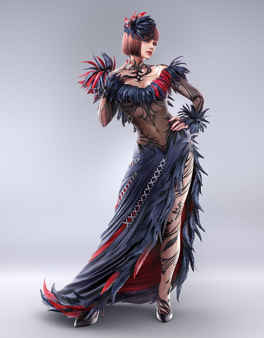 Anna Williams in a dramatic feathered gown with intricate body art from Tekken 7 HD phone wallpaper