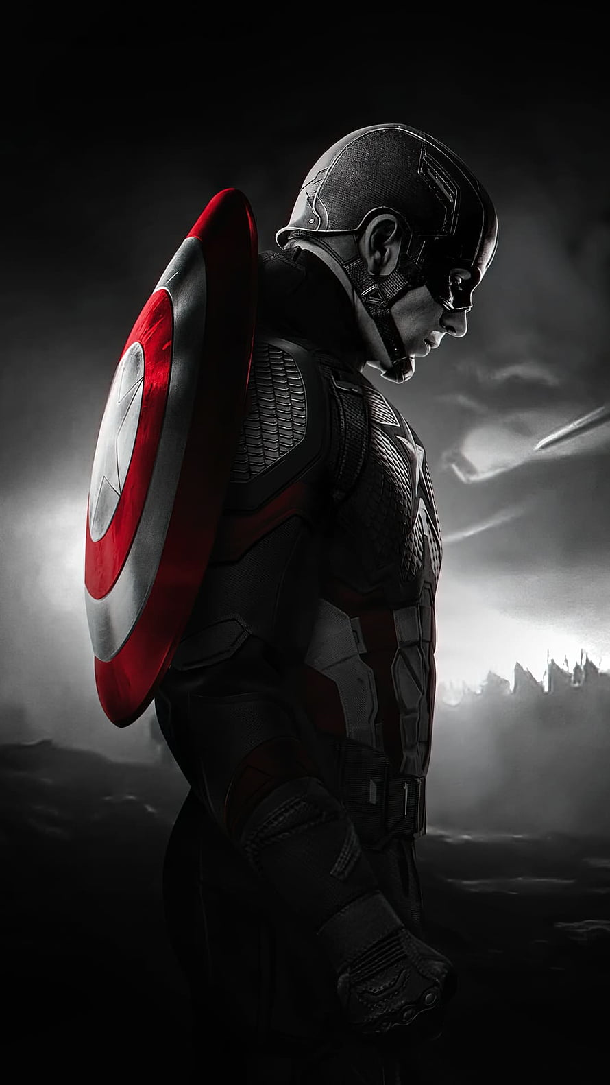 Captain America in Dark Tactical Armor with Shield Against Stormy Sky HD phone wallpaper