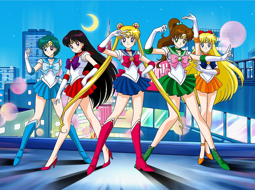 Sailor Moon Inner Senshi Posing on a Rooftop Stage Under a Crescent Moon HD wallpaper