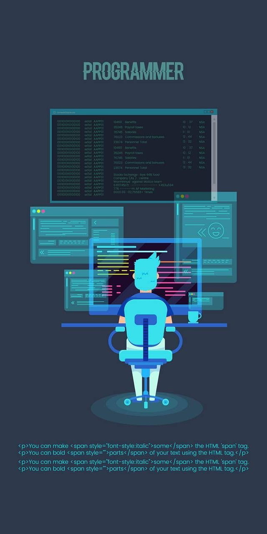 Flat Vector Illustration of a Programmer at a Multi-Monitor Workstation with Code Windows HD phone wallpaper