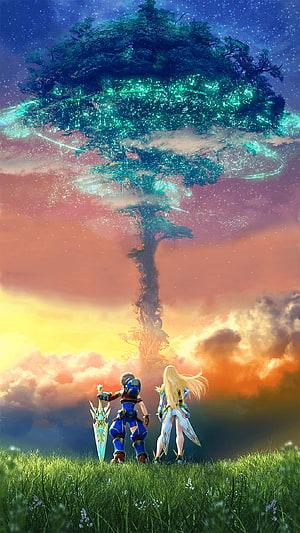 Xenoblade 2 Artwork: Two Characters Gazing at a Glowing World Tree at Sunset HD phone wallpaper