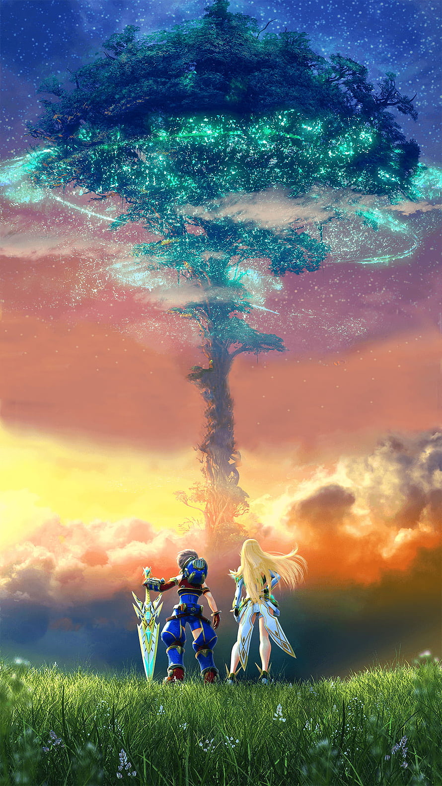 Xenoblade 2 Artwork: Two Characters Gazing at a Glowing World Tree at Sunset HD phone wallpaper