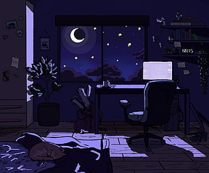 Cozy Nighttime Bedroom Scene with Moonlit Window and Sleeping Figure HD wallpaper