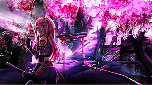 Zero Two anime character with fox mask and katana in a neon-lit Japanese shrine garden with cherry blossoms HD wallpaper
