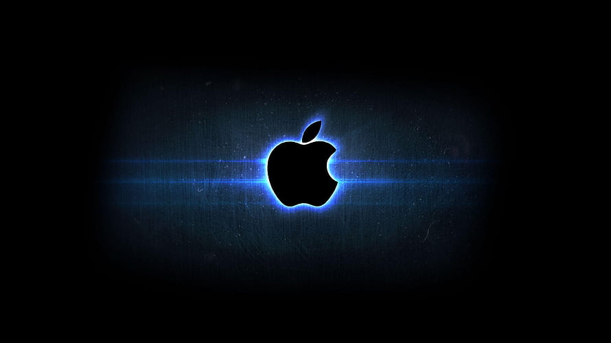 Glowing Apple Logo on Dark Background with Blue Light Streaks HD wallpaper