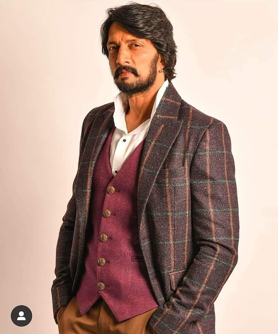 Kiccha Sudeep in a Plaid Blazer and Maroon Waistcoat HD phone wallpaper