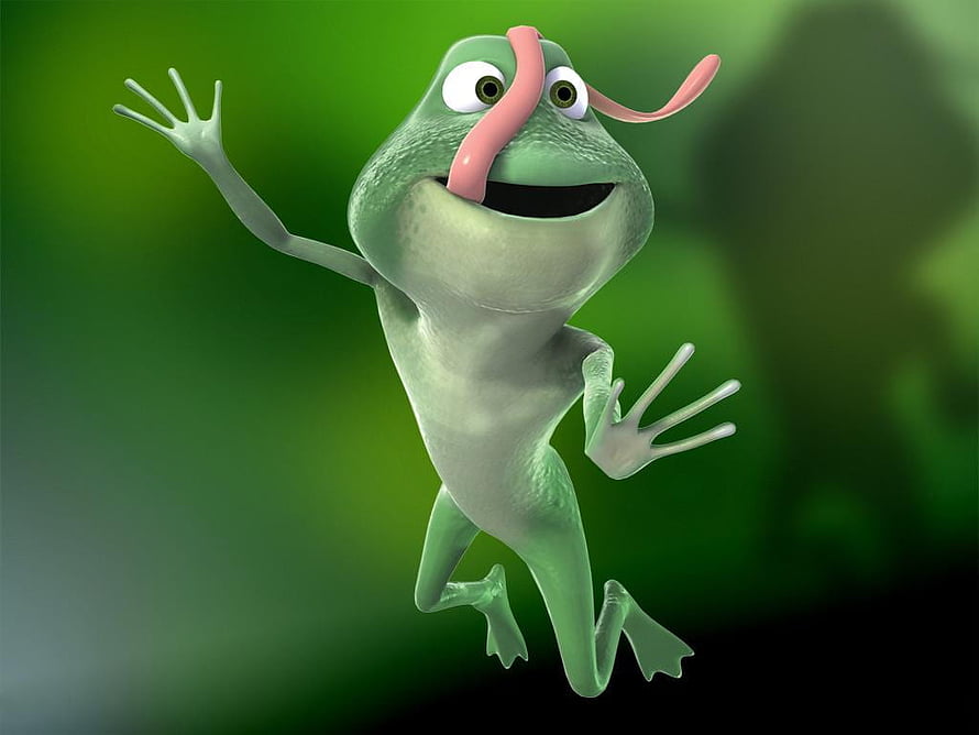 Playful 3D Cartoon Frog with Long Tongue Leaping Against Green Background HD wallpaper