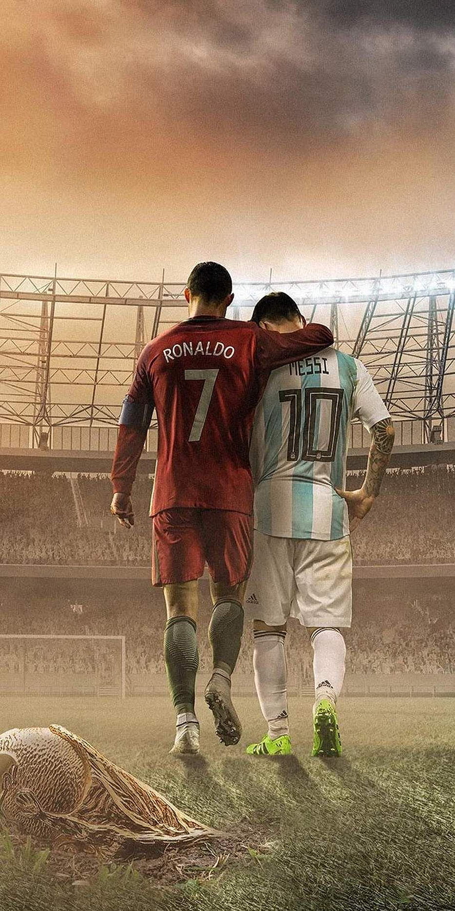 Cristiano Ronaldo and Lionel Messi Walking Together on the Soccer Pitch HD phone wallpaper
