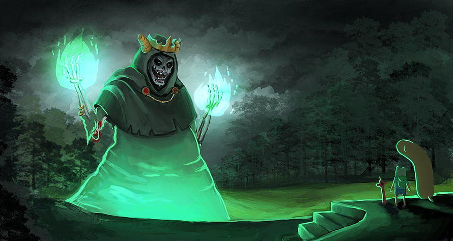 The Lich from Adventure Time Confronting Finn and Jake in a Dark Forest HD wallpaper