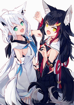 Shirakami Fubuki and Ookami Mio anime illustration with fox ears and tails HD phone wallpaper
