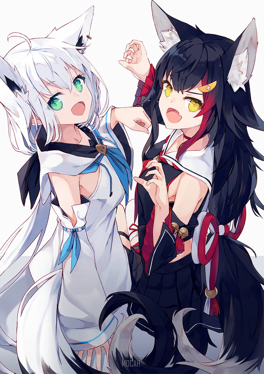 Shirakami Fubuki and Ookami Mio anime illustration with fox ears and tails HD phone wallpaper