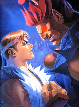 Street Fighter Alpha 2 Confrontation Artwork Featuring Ryu and Akuma in Dramatic Face-Off HD phone wallpaper