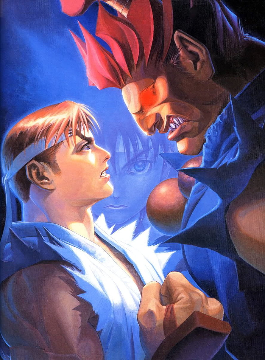 Street Fighter Alpha 2 Confrontation Artwork Featuring Ryu and Akuma in Dramatic Face-Off HD phone wallpaper
