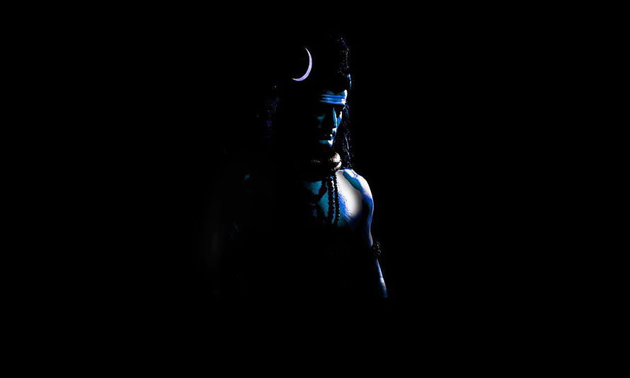Mahadev Dark Portrait with Crescent Moon and Rudraksha Beads in Blue Light HD wallpaper