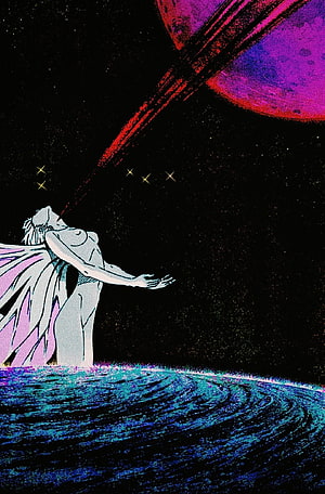 Neon Genesis Evangelion Manga Illustration of Angelic Figure Reaching Toward Cosmic Planet HD phone wallpaper
