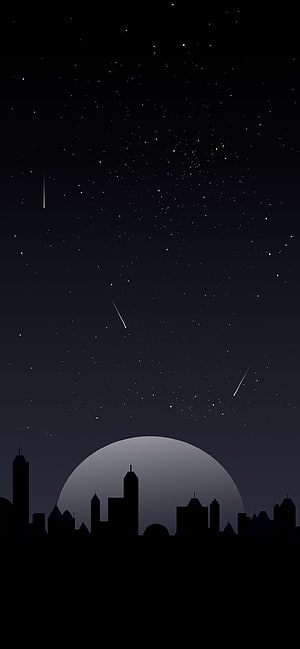 Minimalist Night Sky with Shooting Stars and City Skyline Silhouette HD phone wallpaper