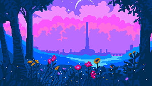 Pixel Art Twilight Landscape with Vibrant Flowers and Distant Tower HD wallpaper