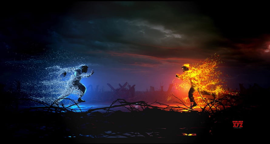 RRR Movie Concept Art: Water and Fire Elemental Warriors in Dramatic Confrontation HD wallpaper