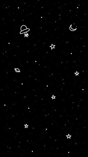 Minimalist Black Space Wallpaper with White Line Art Stars, Moon, and UFO HD phone wallpaper