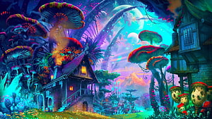 Psytrance Fantasy Forest with Giant Mushrooms and Glowing Cottages HD wallpaper
