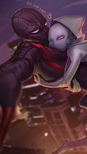 Miles Morales and Gwen Stacy Embrace in a Tender Nighttime Cityscape HD phone wallpaper