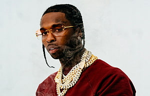 Pop Smoke Portrait in Red Sweatshirt with Gold Chains and Smoke HD wallpaper