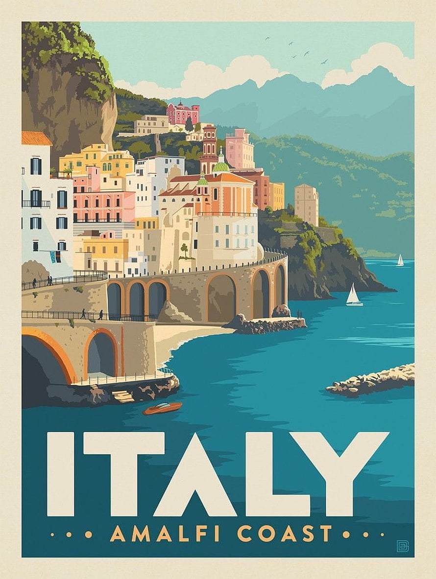 Vintage Style Amalfi Coast Travel Poster with Colorful Cliffside Town and Mediterranean Sea HD phone wallpaper