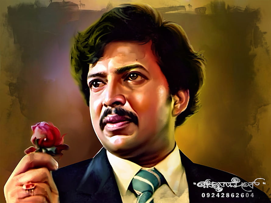 Dr. Vishnuvardhan Portrait Painting Holding a Rose in Formal Attire HD wallpaper