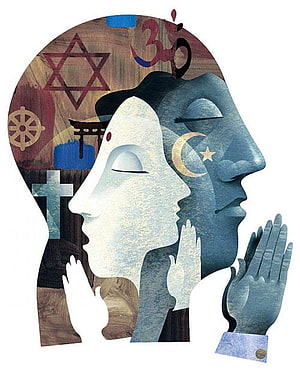 Interfaith Unity Artwork Featuring Hindu, Christian, and Muslim Profiles in Prayer HD phone wallpaper