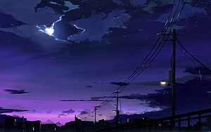 Serene Anime Night Sky with Moon, Clouds, and Silhouetted Cityscape HD wallpaper