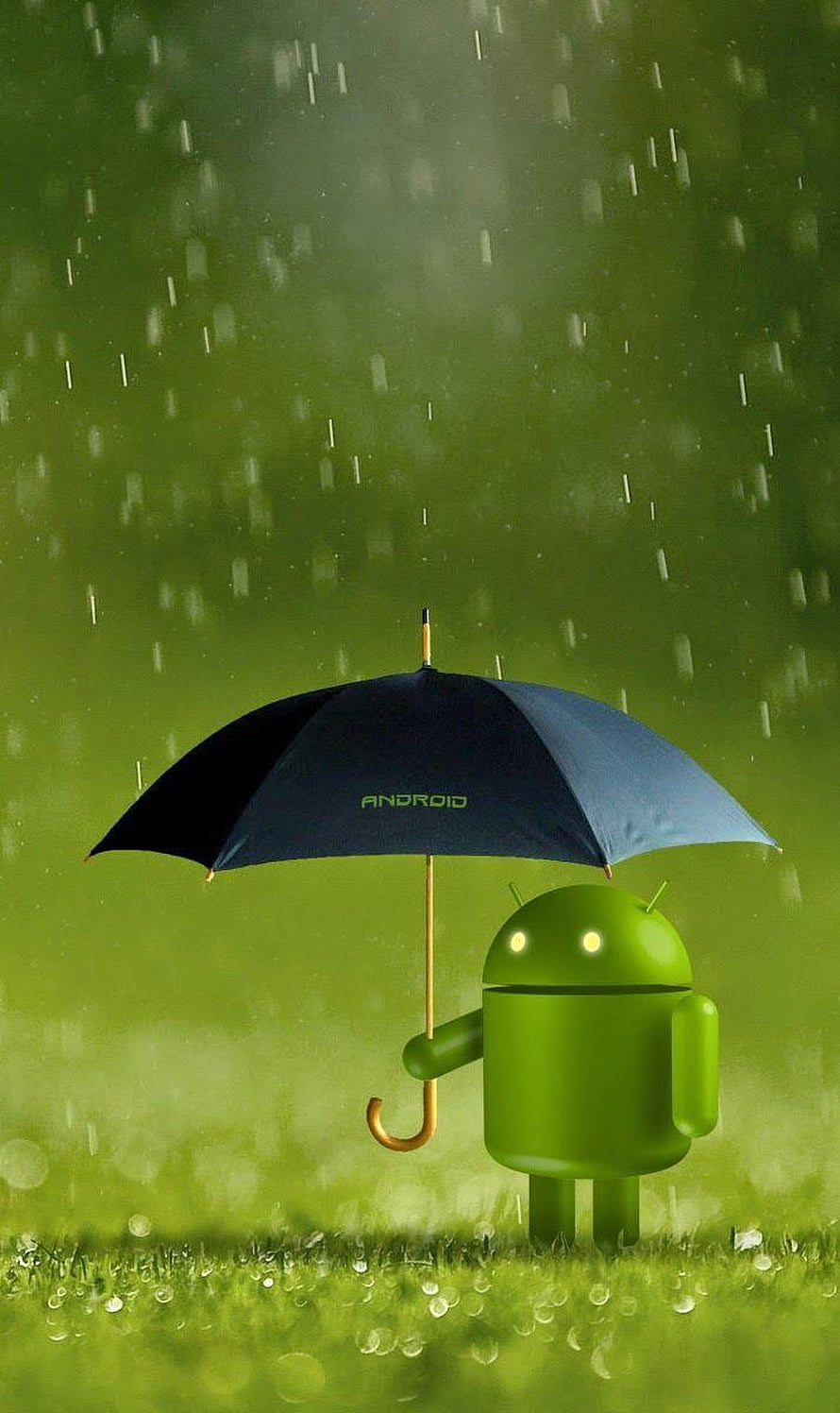 Android Robot Holding Umbrella in Rainy Green Grass Field HD phone wallpaper