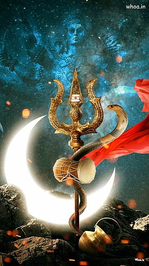 Lord Shiva Trishul and Crescent Moon with Snake and Damaru on Rocky Terrain HD phone wallpaper