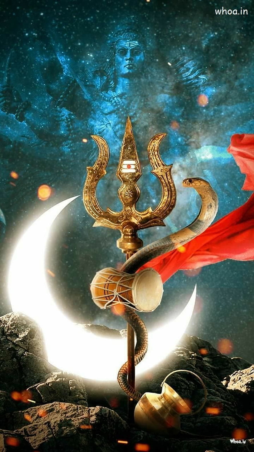 Lord Shiva Trishul and Crescent Moon with Snake and Damaru on Rocky Terrain HD phone wallpaper