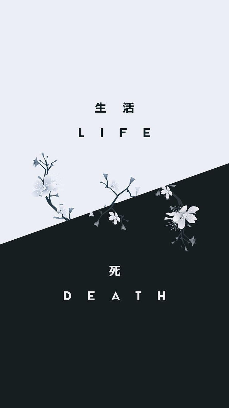 Minimalist Japanese Kanji Life and Death Design with Cherry Blossoms HD phone wallpaper