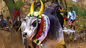 Jallikattu Kaalai Bull with Golden Horns and Traditional Decorations in Forest Setting HD wallpaper