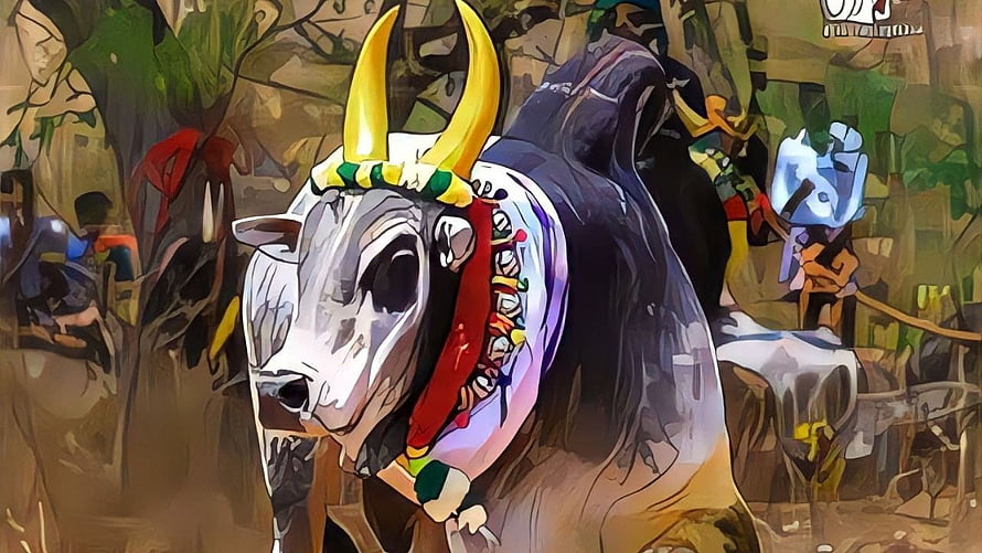 Jallikattu Kaalai Bull with Golden Horns and Traditional Decorations in Forest Setting HD wallpaper